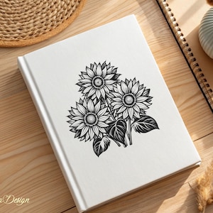 Puede incluir: Una ilustraci&oacute;n en blanco y negro de tres girasoles con hojas sobre un fondo blanco.