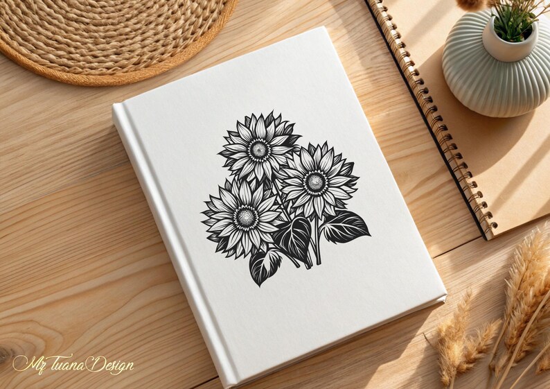 Puede incluir: Una ilustraci&oacute;n en blanco y negro de tres girasoles con hojas sobre un fondo blanco.