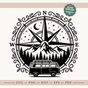 May include: A black and white digital graphic featuring a compass rose with cardinal directions N, W, and E, a crescent moon, stars, mountain peaks, a forest of pine trees, and a camper van. The text reads INSTANT DOWNLOAD! COMMERCIAL USE.