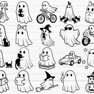 Pu&ograve; includere: Illustrazioni di fantasmi in bianco e nero. I fantasmi sono raffigurati in varie pose, tra cui andare in bicicletta, leggere un libro e tenere un gatto. Alcuni fantasmi indossano cappelli, occhiali da sole o fiocchi. Sono incluse anche stelle e una zucca.