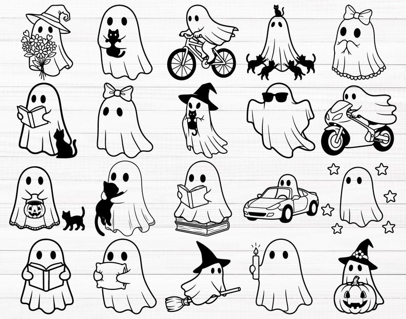Pu&ograve; includere: Illustrazioni di fantasmi in bianco e nero. I fantasmi sono raffigurati in varie pose, tra cui andare in bicicletta, leggere un libro e tenere un gatto. Alcuni fantasmi indossano cappelli, occhiali da sole o fiocchi. Sono incluse anche stelle e una zucca.