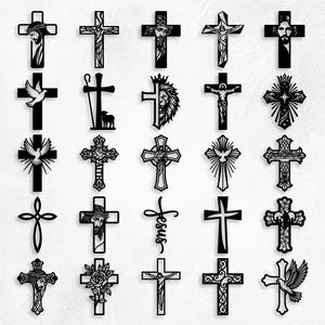 Könnte beinhalten: Eine Sammlung von fünfundzwanzig schwarzen Kreuzdesigns, die in einem Raster angeordnet sind. Das Set zeigt verschiedene religiöse Motive, darunter Darstellungen von Jesus, Tauben, einem Löwen, einem Lamm, Blumenmustern, Ornamenten und dem Wort Jesus.