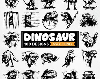 May include: Black and white dinosaur designs in various poses, including a T-Rex breaking through a surface, a dinosaur on a skateboard, and a dinosaur with a bone. The image includes the text "DINOSAUR 100 DESIGNS SVG + PNG".