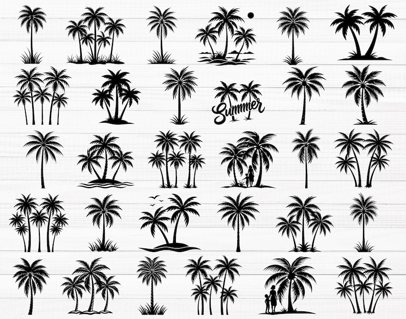 Peut inclure: Une collection d'illustrations en silhouette noire repr&eacute;sentant divers motifs de palmiers, incluant des arbres isol&eacute;s, des groupes et des sc&egrave;nes insulaires. Un motif inclut le mot Summer en &eacute;criture cursive, tandis que d'autres montrent des silhouettes.
