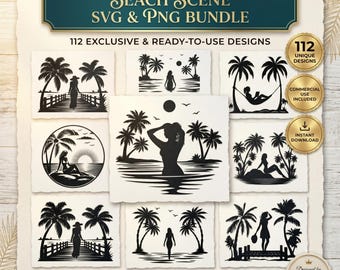 112 Beach Scene SVG Bundle, Beach Svg, Summer Svg, Beach Palm Tree Svg, Beach Scene Clipart, Woman on Beach Svg, Beach Scene Png, Beach Png