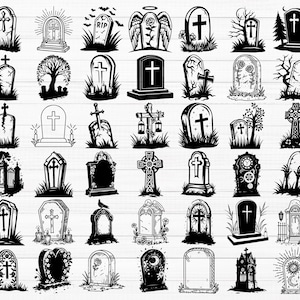 May include: A collection of 48 black and white illustrations of various tombstone designs. The tombstones feature different shapes, sizes, and details, including crosses, angels, and RIP.