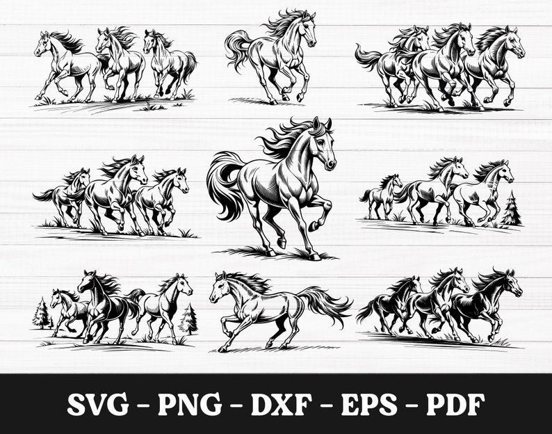 May include: A set of black and white vector illustrations of horses running. The horses are in various poses and groupings, with some running in a line and others running in a group. The illustrations are perfect for use in a variety of projects, such as t-shirts, mugs, and other merchandise.