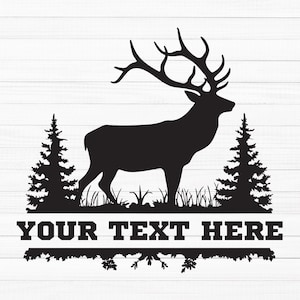 May include: Black silhouette of an elk with large antlers standing in a forest setting. The elk is facing right and has a long neck and a large body. The forest is represented by two pine trees on either side of the elk. The text "YOUR TEXT HERE" is displayed below the elk and trees.