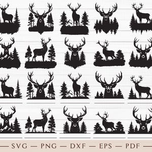 Puede incluir: Un conjunto de 20 archivos de corte SVG en blanco y negro que presentan siluetas de ciervos en varias poses. Cada ciervo está rodeado de árboles y algunos tienen montañas en el fondo.