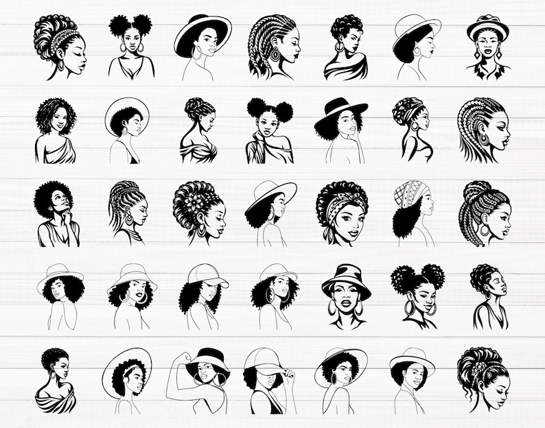 May include: A collection of 36 black and white illustrations of women with different hairstyles, hats, and headbands. The illustrations are in a simple, minimalist style.