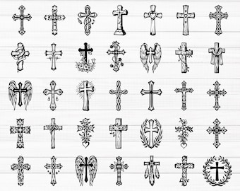 May include: A collection of thirty black and white cross illustrations arranged in a grid. The designs feature various styles including crosses with angel wings, floral vines, hearts, feathers, and intricate knotwork patterns on a white background.