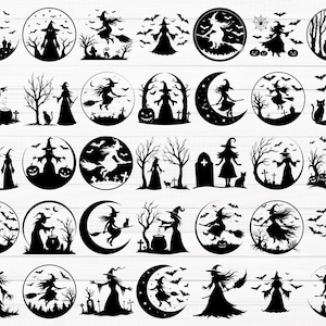 May include: A set of 36 black and white silhouette images of witches, bats, and other Halloween-themed elements. The images are in a circular format and feature various poses and designs.