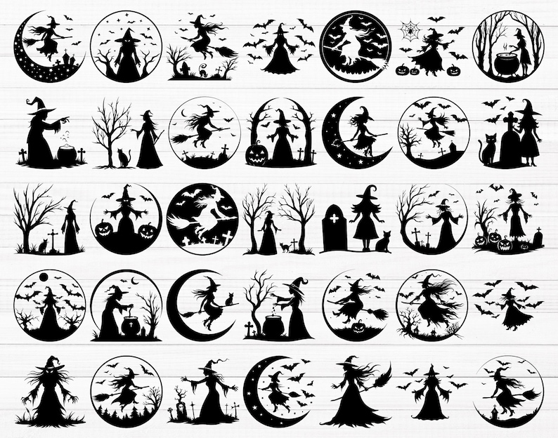 May include: A set of 36 black and white silhouette images of witches, bats, and other Halloween-themed elements. The images are in a circular format and feature various poses and designs.