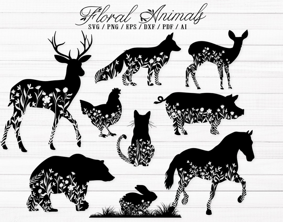 Floral Animals SVG Bundle, Flowers Animal Svg, Animal Silhouette Svg ...