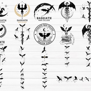 May include: A collection of black and white dragon-themed illustrations. Designs include dragons with swords, moons, and stars, along with the text "BASGIATH WAR COLLEGE" and "DRAGON RIDER". The images are set against a white wood-grain background.