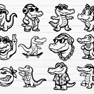 May include: A set of ten black and white illustrations of alligators in various poses. Some alligators are wearing sunglasses, hats, and jewelry. One alligator is riding a skateboard.