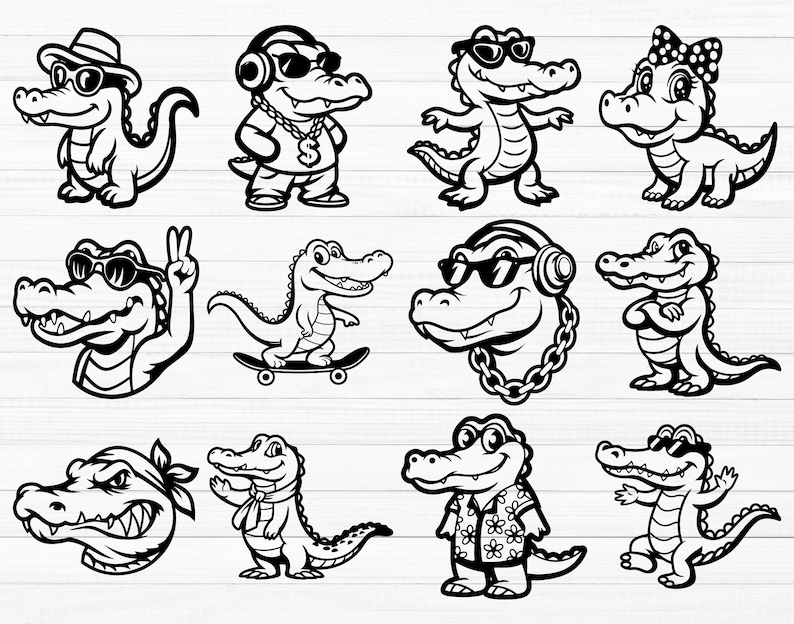 May include: A set of ten black and white illustrations of alligators in various poses. Some alligators are wearing sunglasses, hats, and jewelry. One alligator is riding a skateboard.