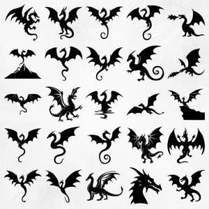 May include: A collection of 25 black silhouette images of dragons in various poses. The dragons are depicted with wings, tails, and claws.