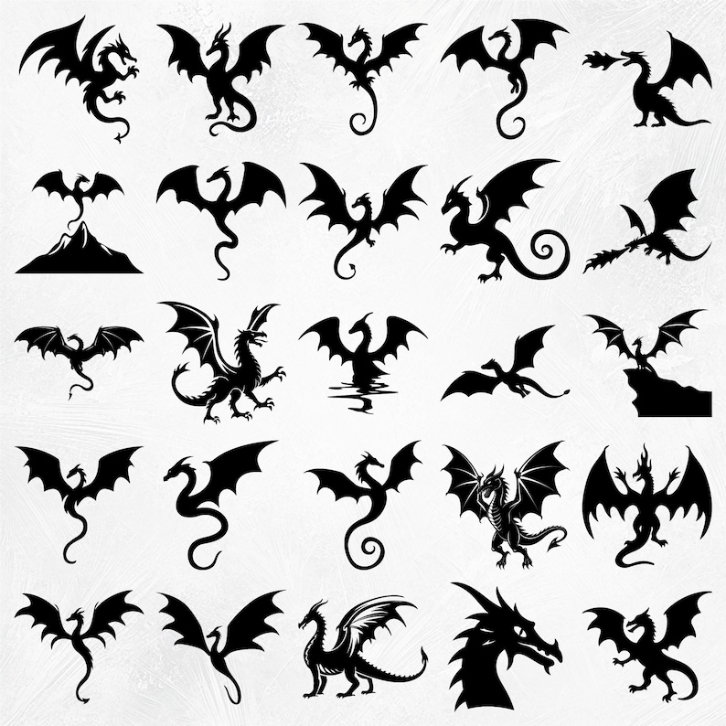 May include: A collection of 25 black silhouette images of dragons in various poses. The dragons are depicted with wings, tails, and claws.