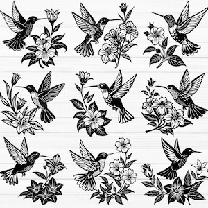 Puede incluir: Nueve ilustraciones en blanco y negro de colibríes con flores. Cada colibrí se representa con las alas extendidas, flotando cerca de un grupo de flores.