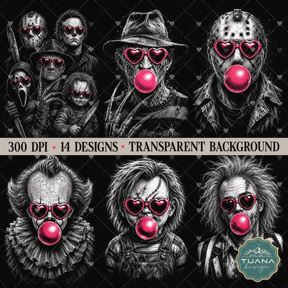 Halloween Characters PNG, Cute Girly Halloween Png, Horror Icons Png Bundle, Slasher Movie Png, Spooky Png Bundle, Horror Sublimation
