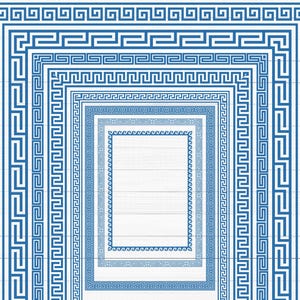 Puede incluir: Un conjunto de patrones de borde de llave griega azul y blanco. Los patrones están dispuestos en un diseño de marco anidado, con el patrón más pequeño en el centro y el patrón más grande en el exterior.