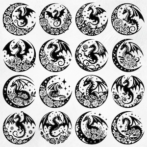Op de afbeelding: Een set van 12 zwart-witte digitale clipart-afbeeldingen met draken die om halve manen gekruld zijn met bloemmotieven.