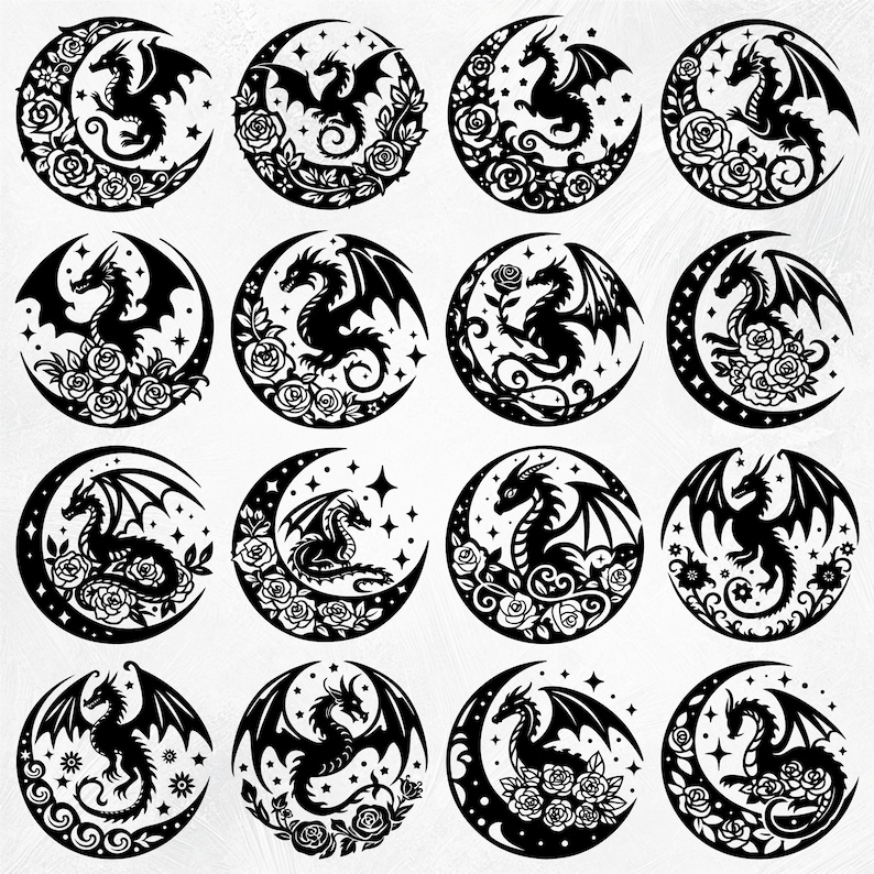 Op de afbeelding: Een set van 12 zwart-witte digitale clipart-afbeeldingen met draken die om halve manen gekruld zijn met bloemmotieven.