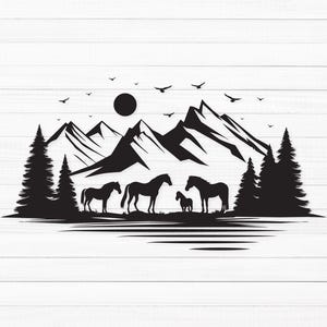 May include: Black and white silhouette of four horses standing in front of a mountain range with a sun in the sky. The horses are facing the viewer and the mountains are in the background.