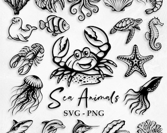 Sea Animals SVG, Ocean Svg, Sea Life Svg, Octopus Svg, Shark Svg, Seashell Svg, Dolphin Svg, Crab Svg, Ocean Animals Svg, Sea Animals Png