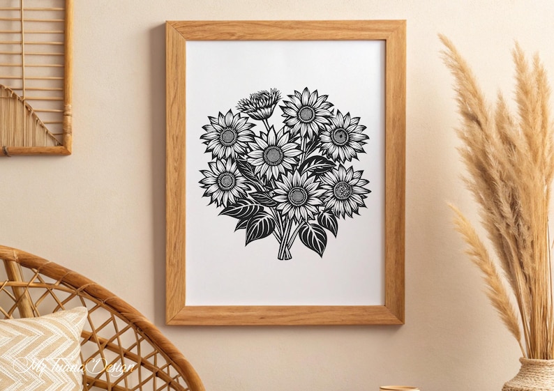 Puede incluir: Impresi&oacute;n en blanco y negro de arte de l&iacute;nea de un ramo de girasoles en un marco de madera.