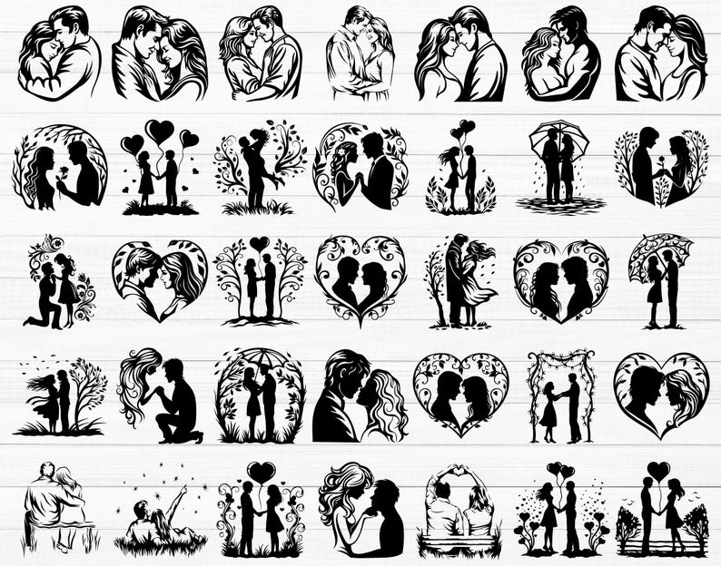 May include: A collection of black and white silhouette illustrations of couples in various romantic poses. The illustrations feature hearts, flowers, and other romantic elements.