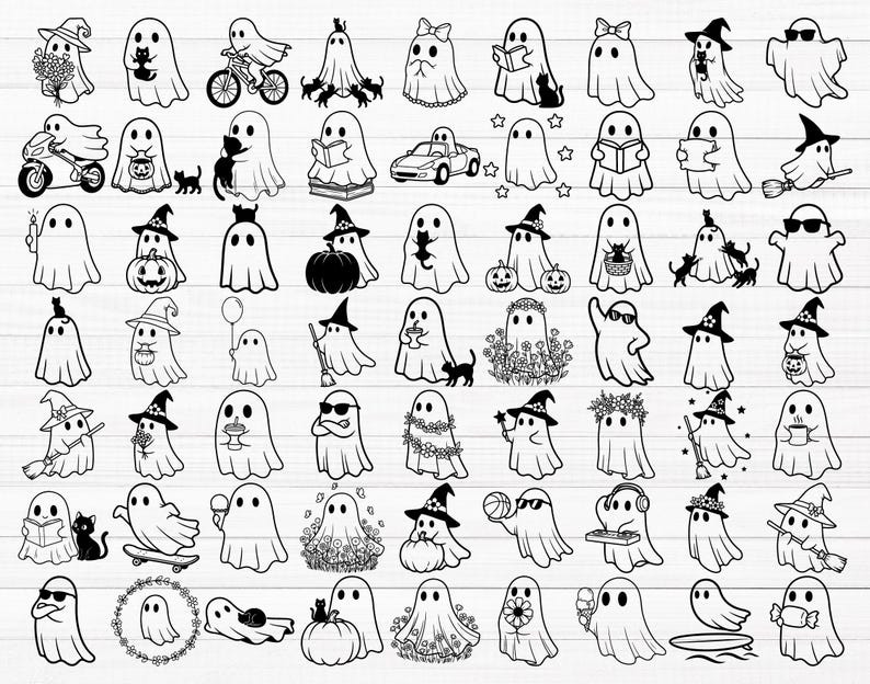 Pu&ograve; includere: Illustrazioni di fantasmi in bianco e nero in varie pose. Alcuni fantasmi indossano cappelli da strega, occhiali da sole o tengono oggetti come libri, scope e zucche. Adatto per creazioni a tema Halloween.