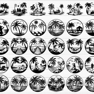Peut inclure: Une collection d'illustrations graphiques en noir et blanc repr&eacute;sentant des sc&egrave;nes de plage tropicale, des palmiers, des vagues, des hamacs, des chaises de plage et des silhouettes de personnes se relaxant au bord de l'eau, dispos&eacute;es en grille.