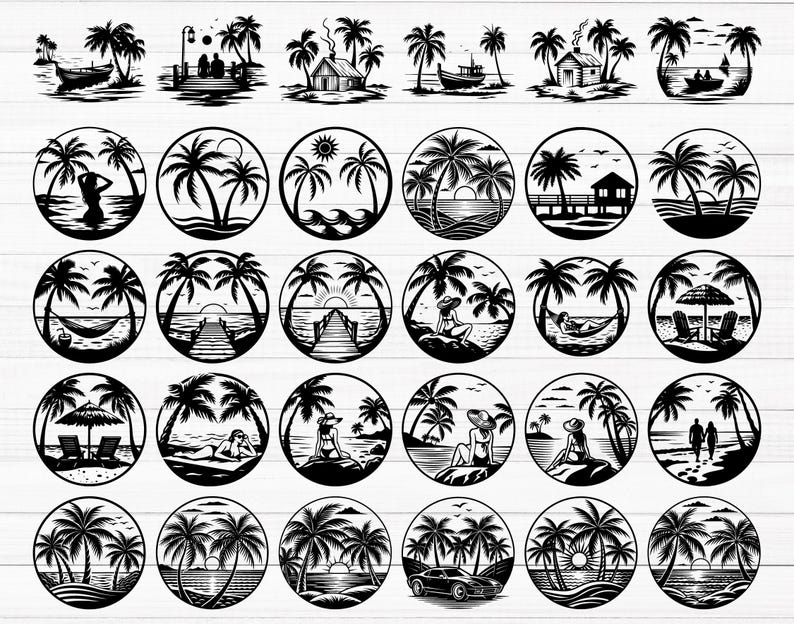 Peut inclure: Une collection d'illustrations graphiques en noir et blanc repr&eacute;sentant des sc&egrave;nes de plage tropicale, des palmiers, des vagues, des hamacs, des chaises de plage et des silhouettes de personnes se relaxant au bord de l'eau, dispos&eacute;es en grille.