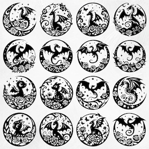 Op de afbeelding: Een set van 16 zwart-witte digitale clipart-afbeeldingen met draken met vleugels, staarten en bloemmotieven. De draken staan in verschillende poses, sommige met sterren en manen op de achtergrond.
