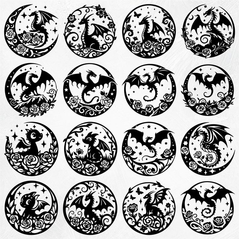 Op de afbeelding: Een set van 16 zwart-witte digitale clipart-afbeeldingen met draken met vleugels, staarten en bloemmotieven. De draken staan in verschillende poses, sommige met sterren en manen op de achtergrond.