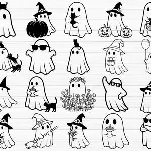 Pu&ograve; includere: Una collezione di illustrazioni di Halloween in bianco e nero con fantasmi. Alcuni fantasmi indossano cappelli da strega, occhiali da sole o tengono oggetti come zucche, scope e palloncini. Diversi fantasmi sono accompagnati da gatti neri.
