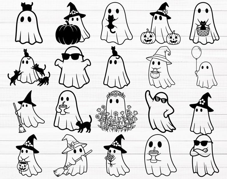 Pu&ograve; includere: Una collezione di illustrazioni di Halloween in bianco e nero con fantasmi. Alcuni fantasmi indossano cappelli da strega, occhiali da sole o tengono oggetti come zucche, scope e palloncini. Diversi fantasmi sono accompagnati da gatti neri.