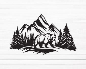 May include: Black and white silhouette of a bear standing in front of a mountain range with pine trees on either side.