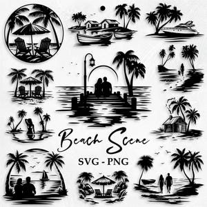Beach Scene SVG Bundle, Beach Svg, Summer Svg, Beach Palm Tree Svg, Beach Scene Clipart, Woman on Beach Svg, Beach Scene Png, Beach Png