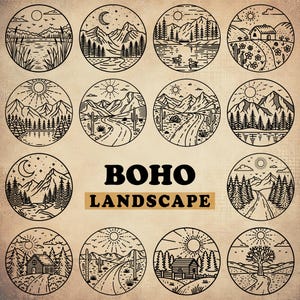 May include: Set of 12 black and white line art illustrations of different landscapes. Each illustration is in a circle and features a mountain range, trees, a body of water, and other natural elements. The text "BOHO LANDSCAPE" is in the center of the image.
