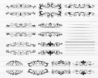 May include: A set of 20 black and white decorative borders and dividers. The borders are made up of swirls, dots, and lines. The dividers are made up of lines and dots.