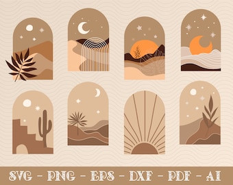 Modern Boho Landscape SVG Bundle (8 Files: SVG, PNG & More) Instant Download, Commercial Use