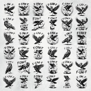 Puede incluir: Una colección de ilustraciones en blanco y negro de cuervos con el texto "F-CAW-F". Los diseños presentan cuervos con las alas extendidas, posados en ramas, calaveras y calabazas. La obra de arte tiene un tema gótico o de Halloween.