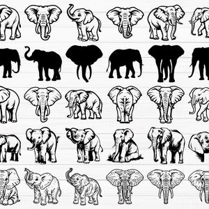 May include: A collection of 36 black and white elephant silhouette illustrations. The elephants are in various poses, including standing, walking, and trumpeting. The illustrations are perfect for use in crafts, scrapbooking, or digital design.