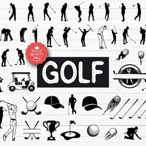 May include: Black and white silhouette illustrations of golfers, golf clubs, golf balls, a golf cart, a trophy, and the word "GOLF" in white text on a black background.