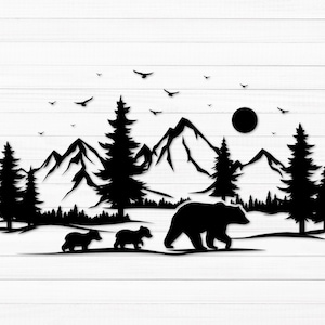 Mountain SVG, Bear Family Svg, Mountain Forest Svg, Forest Svg Cricut, Landscape Svg, Pine Trees Svg, Camping Svg, Mountain Silhouette Svg