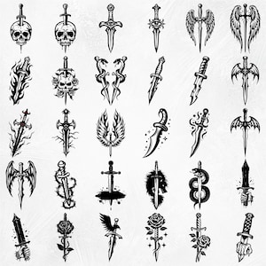 May include: A collection of 25 black and white vector illustrations of swords, daggers, and knives. The designs feature various styles, including skull, rose, wings, and snake.