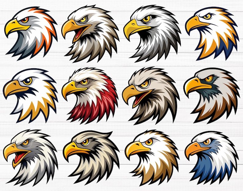 May include: Twelve different illustrations of bald eagles with various colored feathers, including red, blue, white, and orange. Each eagle has a fierce expression and is facing forward.